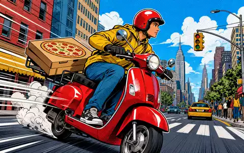 Pop-Art-Comic-Szene mit Lieferfahrzeug und Pizzakarton symbolisiert Domino's Pizza Group plc, ISIN GB0002936932, der Systemgastronomie-Branche - Foto: THN