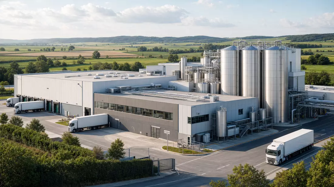 Moderne Lebensmittelfabrik von Cranswick plc mit Silos und Lastwagen in ländlicher Umgebung