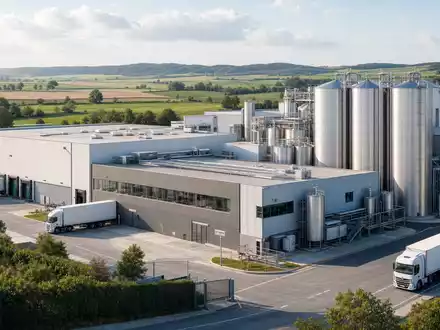 Cranswick plc GB0002333333 zeigt moderne Fleischverarbeitungsanlage mit Silos und Lastwagen auf britischem Land - Foto: THN