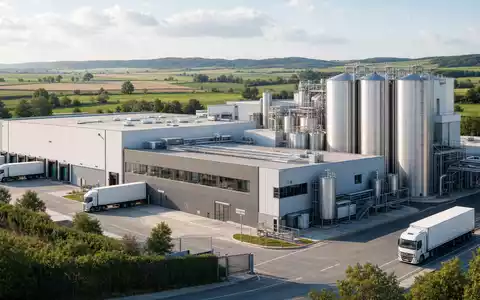 Cranswick plc GB0002333333 zeigt moderne Fleischverarbeitungsanlage mit Silos und Lastwagen auf britischem Land - Foto: THN