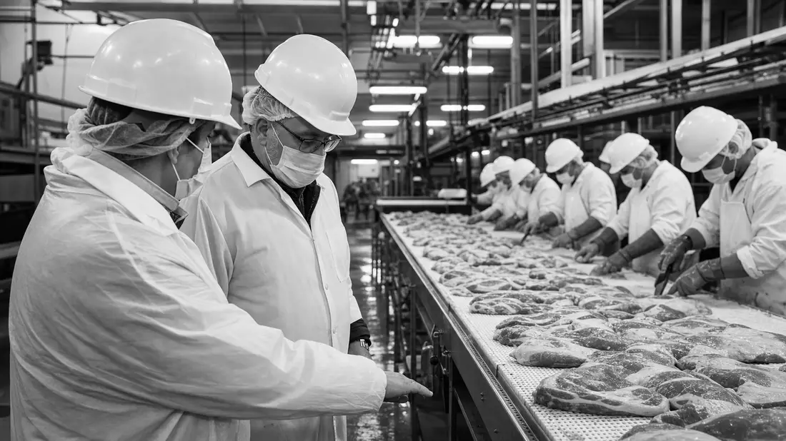 Schwarzweiß-Reportagefoto von Arbeitern an Produktionslinie in Fleischfabrik