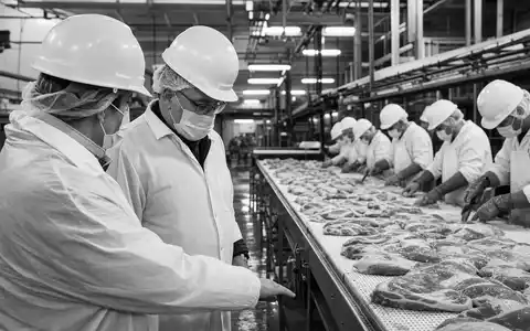Cranswick plc GB0002333333 dokumentiert Arbeiter in Schutzkleidung an großer Fleischproduktionslinie schwarzweiß journalistisch fotografiert - Foto: THN