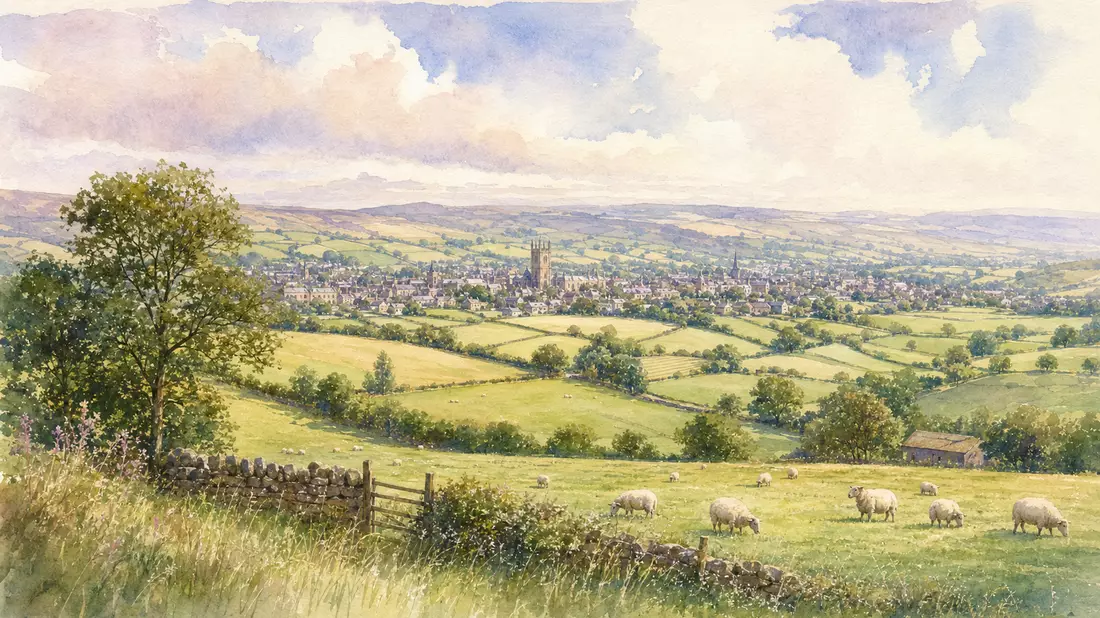 Aquarellmalerei englischer Landschaft mit Schafen und Marktstadt im Hintergrund
