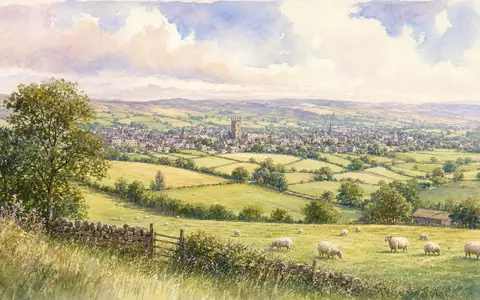 Cranswick plc GB0002333333 inspiriert Aquarellbild englischer Landschaft mit Weiden, Schafen und kleiner Marktstadt - Foto: THN