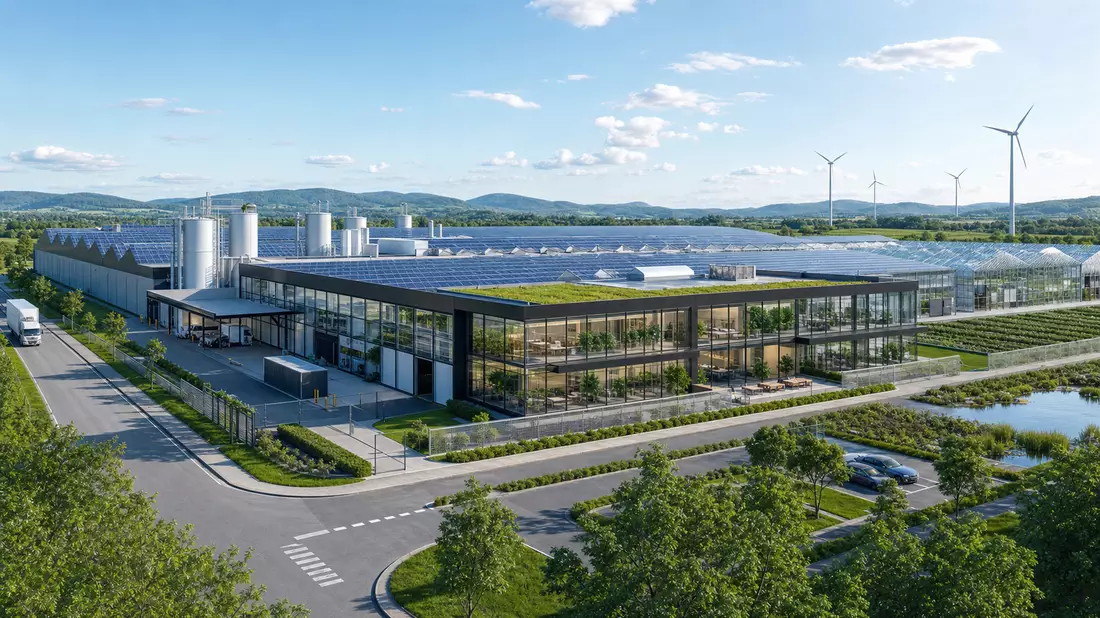 3D-Render einer modernen nachhaltigen Lebensmittelfabrik mit Solaranlage und Windkraft
