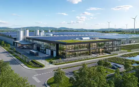 Cranswick plc GB0002333333 präsentiert modernen Architektur-Render einer nachhaltigen Produktionsanlage mit Solarpanels und Windrädern - Foto: THN