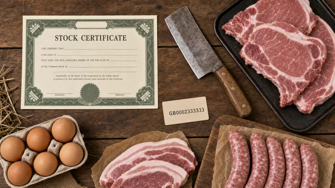 Flatlay-Anordnung mit Aktienzertifikat, ISIN-Karte und frischen Fleischprodukten auf Holztisch
