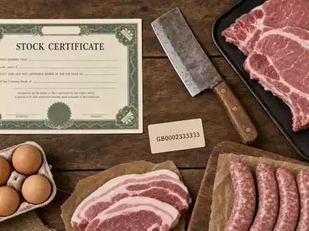 Cranswick plc GB0002333333 zeigt Flatlay mit Aktienzertifikat, ISIN-Karte, WĂŒrstchen und frischem Fleisch auf Holztisch - Foto: THN