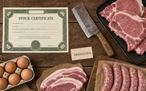 Cranswick plc GB0002333333 zeigt Flatlay mit Aktienzertifikat, ISIN-Karte, Würstchen und frischem Fleisch auf Holztisch - Foto: THN