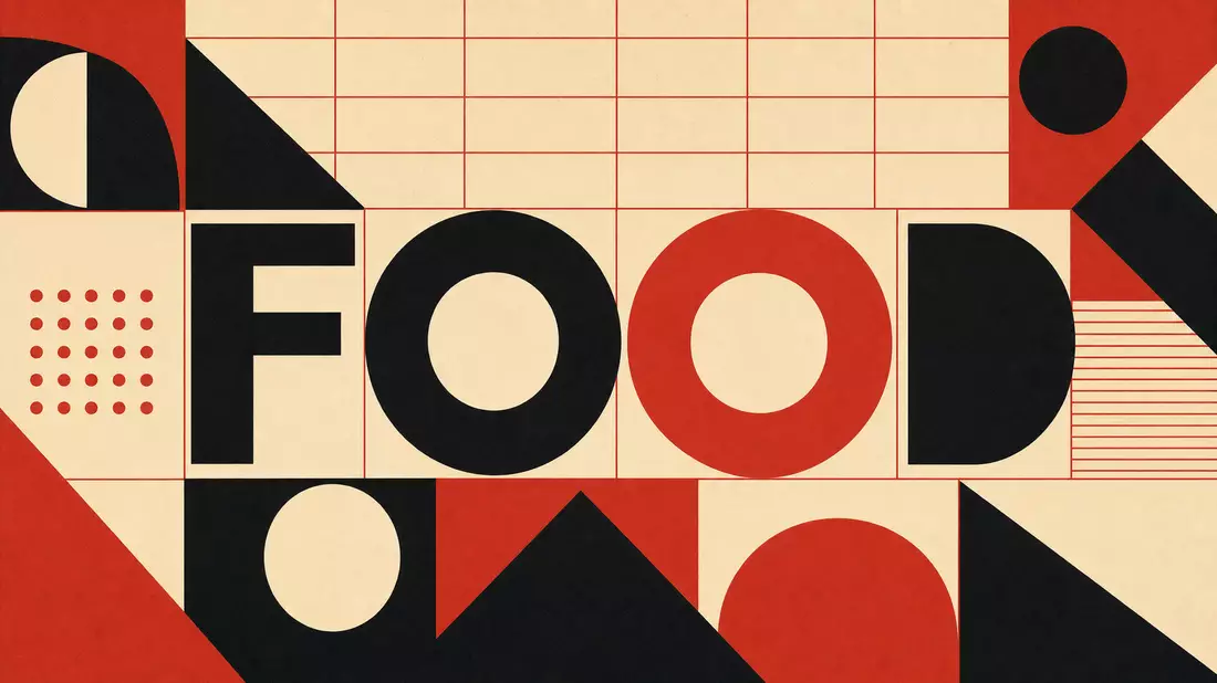 Geometrisches Bauhaus-Poster mit Kreisen, Dreiecken und dem Wort FOOD