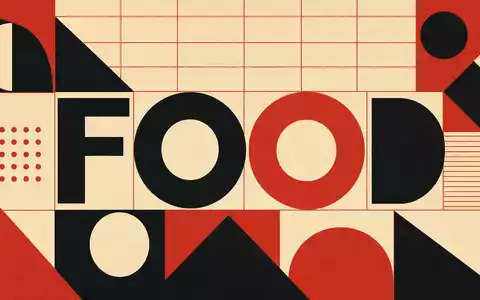 Cranswick plc GB0002333333 illustriert Bauhaus-Poster mit geometrischen Formen und großem Schriftzug FOOD in Rot Schwarz - Foto: THN