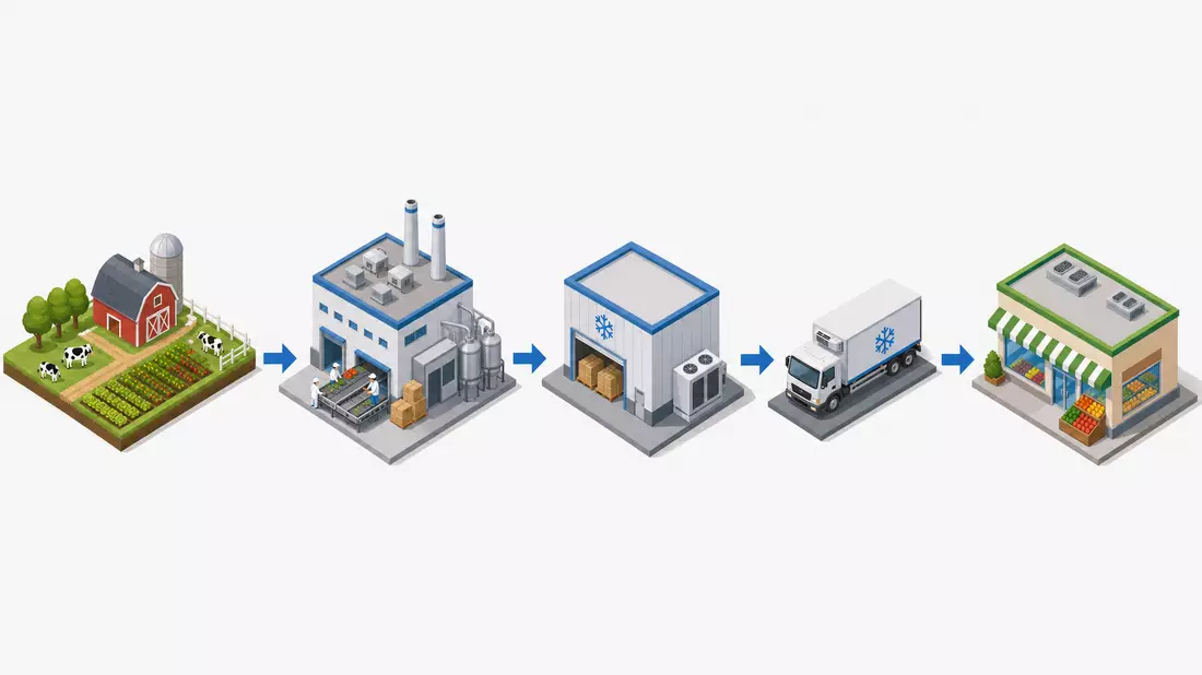 Isometrisches 3D-Diagramm der Lebensmittel-Lieferkette von Farm bis Geschäft