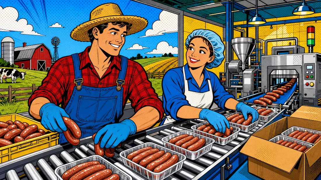 Farbenfrohe Pop-Art-Comicszene mit Bauer und Arbeiterin an Wurst-Produktionslinie
