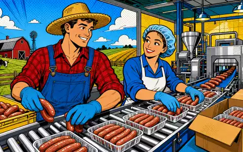 Cranswick plc GB0002333333 illustriert Pop-Art-Comic mit Bauer und Fabrikarbeiterin beim Verpacken von Würstchen fröhlich - Foto: THN