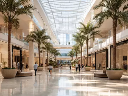 Simon Property Group US8288061091 zeigt fotorealistisches lichtdurchflutetes Mall-Atrium mit Palmen und Marmorboden ohne Markenzeichen - Foto: THN