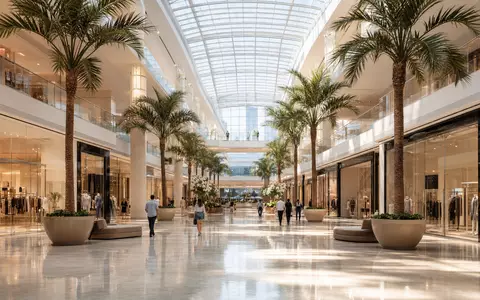 Simon Property Group US8288061091 zeigt fotorealistisches lichtdurchflutetes Mall-Atrium mit Palmen und Marmorboden ohne Markenzeichen - Foto: THN