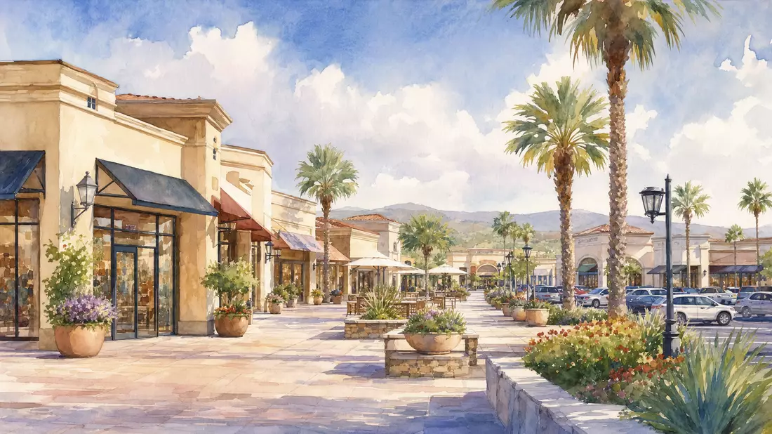 Aquarellmalerei eines generischen amerikanischen Outlet-Einkaufszentrums mit Palmen