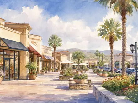 Simon Property Group US8288061091 als zartes Aquarellbild eines generischen US-Outlet-Centers mit Palmen und Plaza - Foto: THN