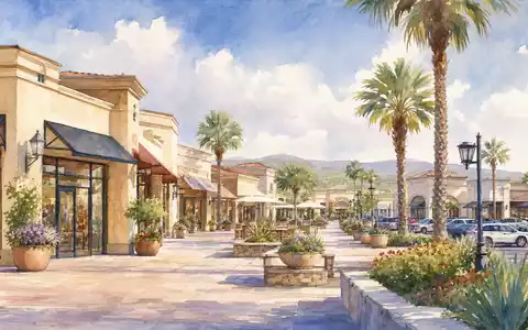 Simon Property Group US8288061091 als zartes Aquarellbild eines generischen US-Outlet-Centers mit Palmen und Plaza - Foto: THN