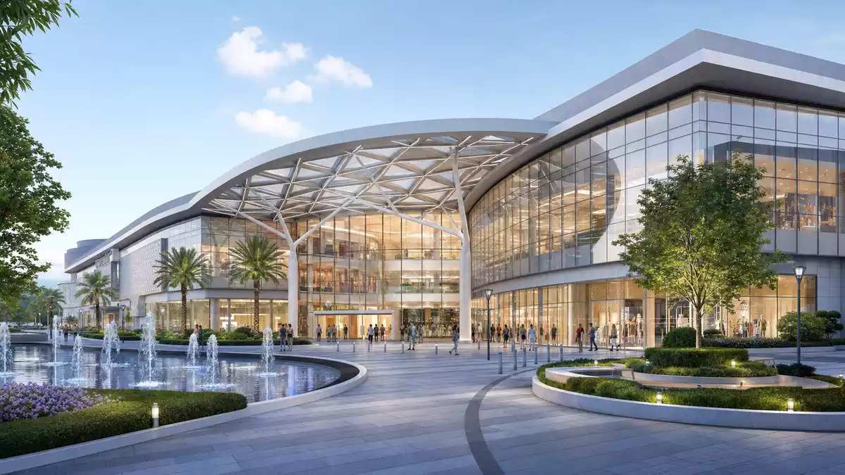 3D-Architekturrendering eines modernen Einkaufszentrums mit Glasfassade und Brunnenanlage