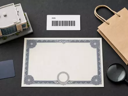 Simon Property Group US8288061091 präsentiert als Flatlay mit Aktienzertifikat, ISIN-Karte, Mall-Modell und Einkaufstasche - Foto: THN