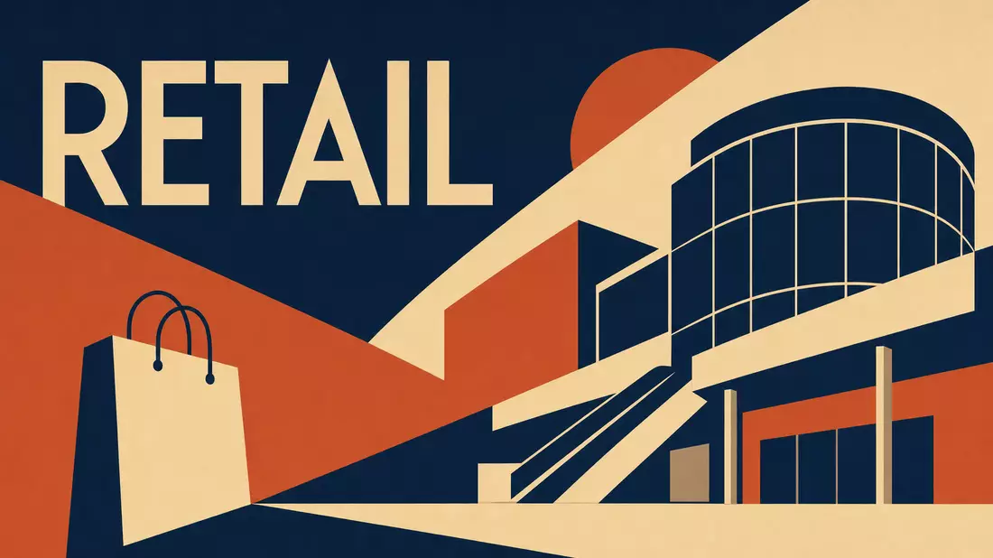 Geometrisches Bauhaus-Poster mit Schriftzug RETAIL und stilisierter Mall-Silhouette