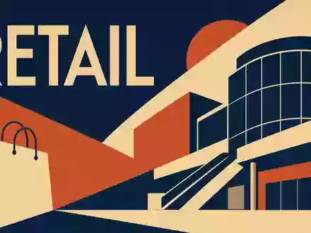 Simon Property Group US8288061091 im geometrischen Bauhaus-Poster-Stil mit Sektor-Schriftzug RETAIL und Mall-Silhouette - Foto: THN