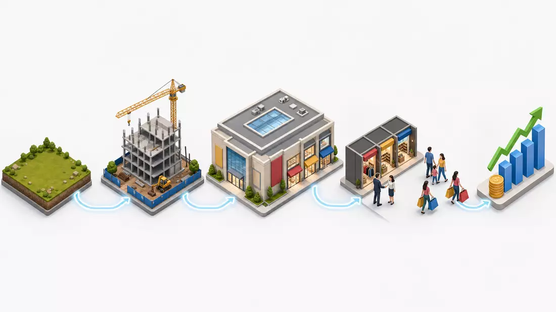Isometrisches 3D-Diagramm zeigt Bau, Vermietung und Umsatzwachstum einer Einzelhandelsimmobilie
