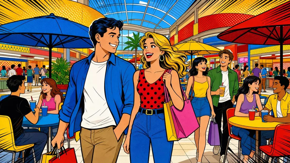 Pop-Art-Comic-Illustration von lächelnden Käufern in einem bunten Food-Court