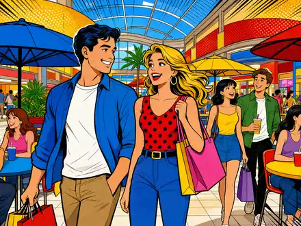 Simon Property Group US8288061091 als farbenfrohe Pop-Art-Comic-Szene mit fröhlichen Käufern im Food-Court-Bereich - Foto: THN