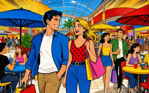 Simon Property Group US8288061091 als farbenfrohe Pop-Art-Comic-Szene mit fröhlichen Käufern im Food-Court-Bereich - Foto: THN