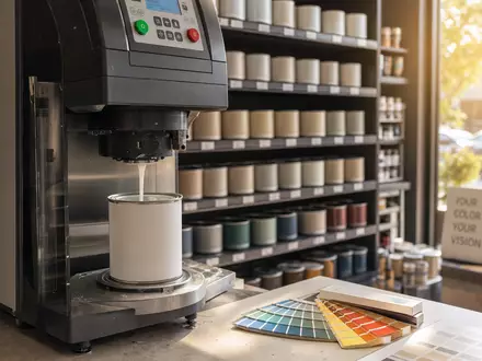 Sherwin-Williams (US8243481051) betreibt Farbenhandel mit einer Mischmaschine, Eimern und Farbfächern im modernen Fachgeschäft - Foto: THN
