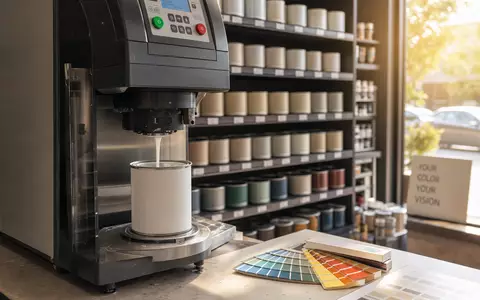 Sherwin-Williams (US8243481051) betreibt Farbenhandel mit einer Mischmaschine, Eimern und Farbfächern im modernen Fachgeschäft - Foto: THN