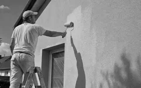 Sherwin-Williams (US8243481051) steht für die Beschichtungsbranche, dokumentiert durch einen Maler beim sorgfältigen Wandanstrich am Haus - Foto: THN