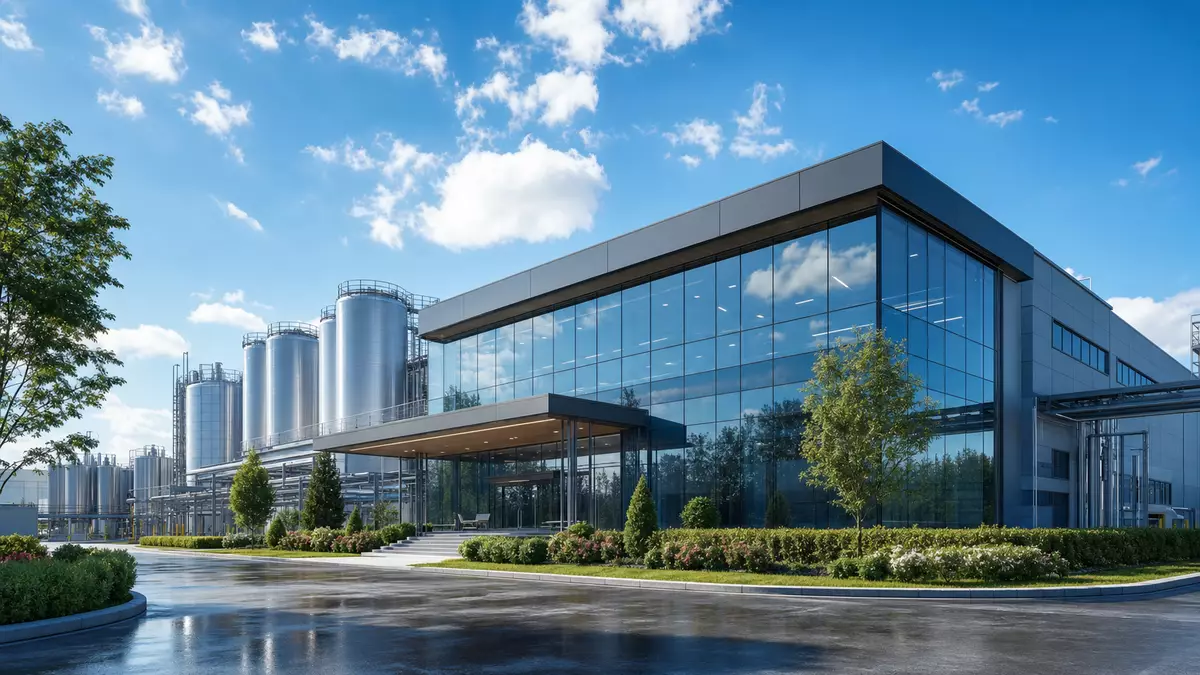 Architektur-Render einer modernen Industrieanlage mit Lagertanks und Glasfassade