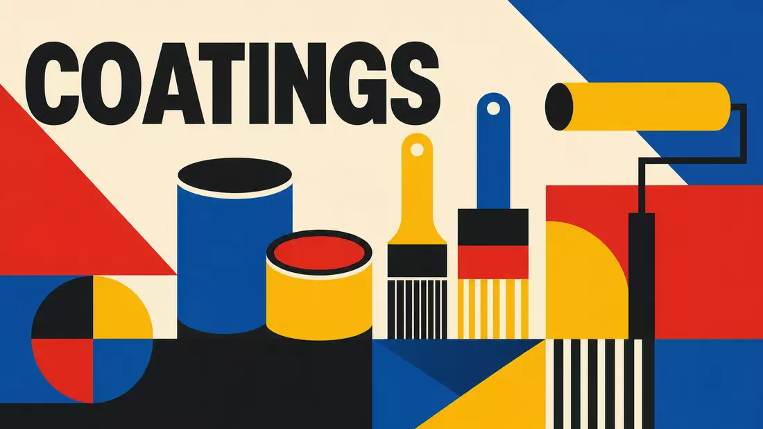 Bauhaus-Poster mit geometrischen Farbdosen, Pinseln und dem Wort COATINGS
