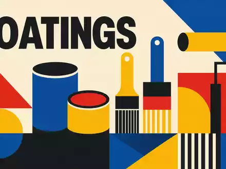 Sherwin-Williams (US8243481051) in der Beschichtungsbranche, dargestellt als geometrisches Bauhaus-Poster mit stilisierten Farbdosen und Pinseln - Foto: THN