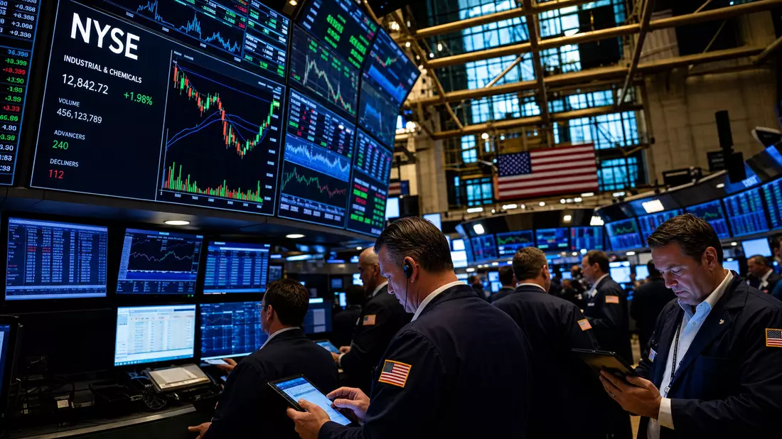 NYSE-Handelssaal mit Händlern und Charts der Industrie- und Chemiebranche