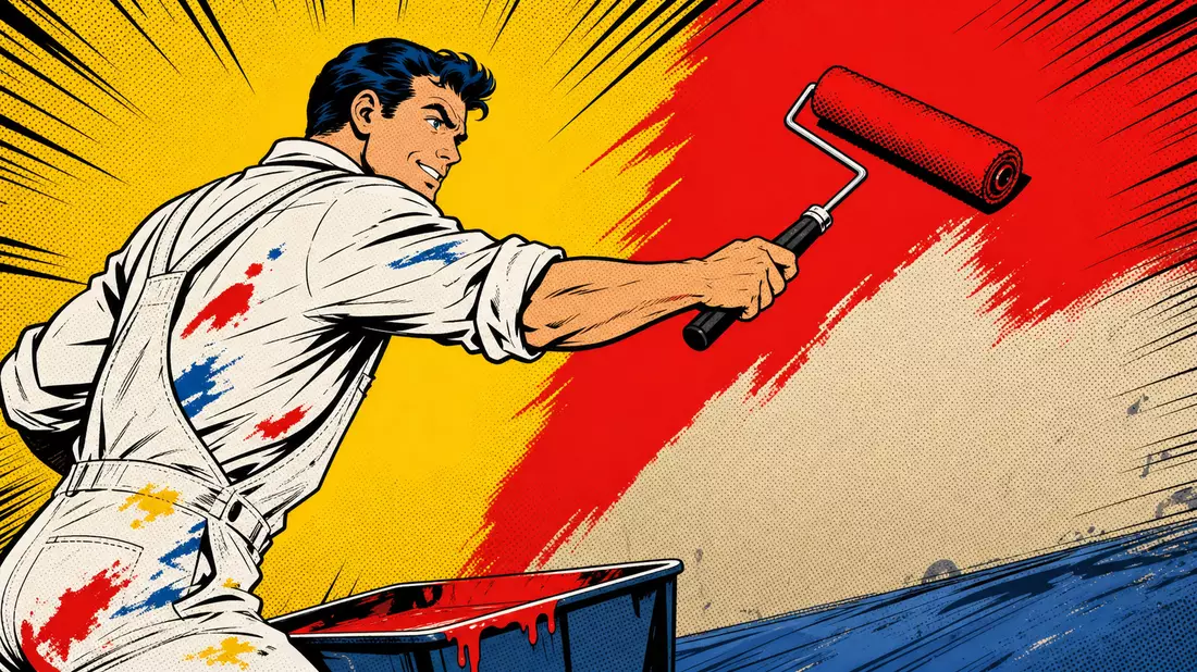 Pop-Art-Comic-Illustration eines Malers, der Farbe mit einer Rolle aufträgt