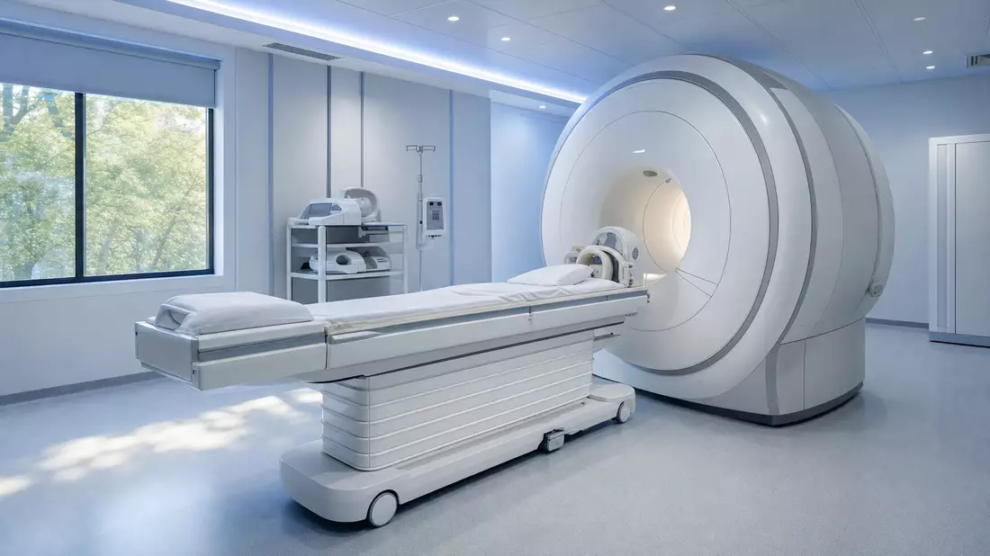 Fotorealistischer Klinikraum mit neutralem MRT-Scanner und Patientenliege