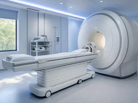 Siemens Healthineers DE000SHL1006 zeigt fotorealistischen Radiologieraum mit neutraler MRT-Röhre und Patientenliege in Klinik - Foto: THN