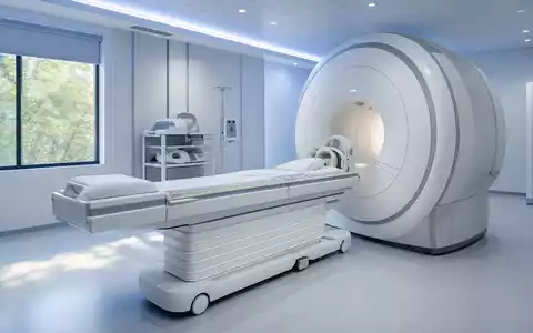 Siemens Healthineers DE000SHL1006 zeigt fotorealistischen Radiologieraum mit neutraler MRT-Röhre und Patientenliege in Klinik - Foto: THN