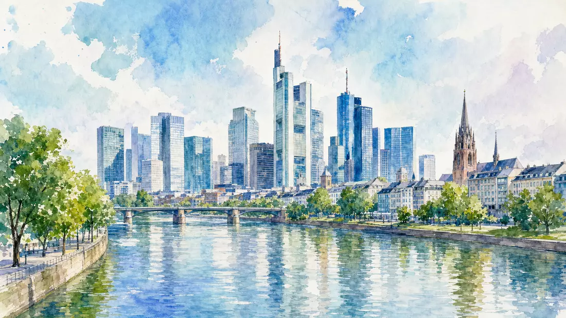 Aquarellbild einer Stadtskyline mit Bürotürmen und Fluss in Pastelltönen