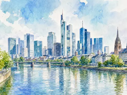 Siemens Healthineers DE000SHL1006 präsentiert Aquarellmalerei einer deutschen Stadtskyline mit modernen Glas-Bürogebäuden am Fluss - Foto: THN