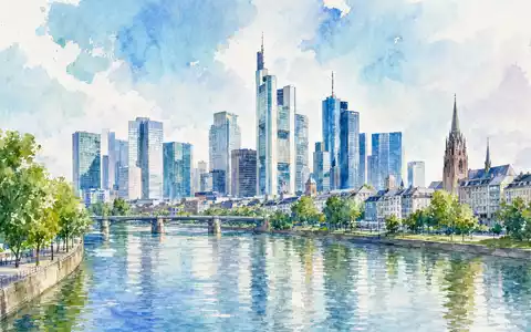 Siemens Healthineers DE000SHL1006 präsentiert Aquarellmalerei einer deutschen Stadtskyline mit modernen Glas-Bürogebäuden am Fluss - Foto: THN