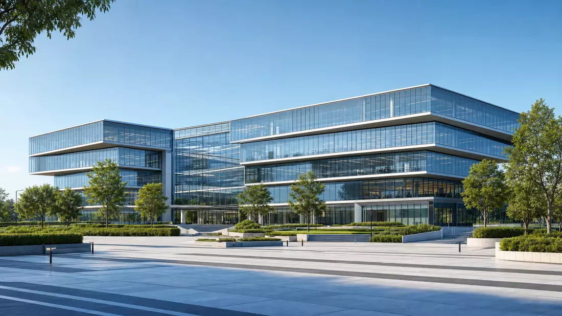 3D-Architekturrender eines modernen Glas-Bürogebäudes mit Grünanlagen