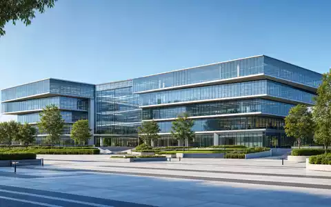 Siemens Healthineers DE000SHL1006 illustriert modernes Architektur-Render eines unmarkierten Glas-Bürocampus mit gepflegten Grünflächen und Platz - Foto: THN