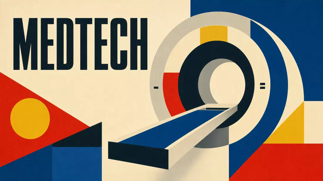 Bauhaus-Poster mit geometrischen Formen und Text MEDTECH in Primärfarben