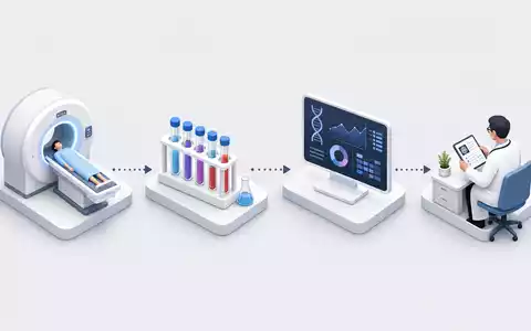 Siemens Healthineers DE000SHL1006 visualisiert isometrische Diagnostik-Wertschöpfungskette von Scanner über Labor bis Arztauswertung - Foto: THN