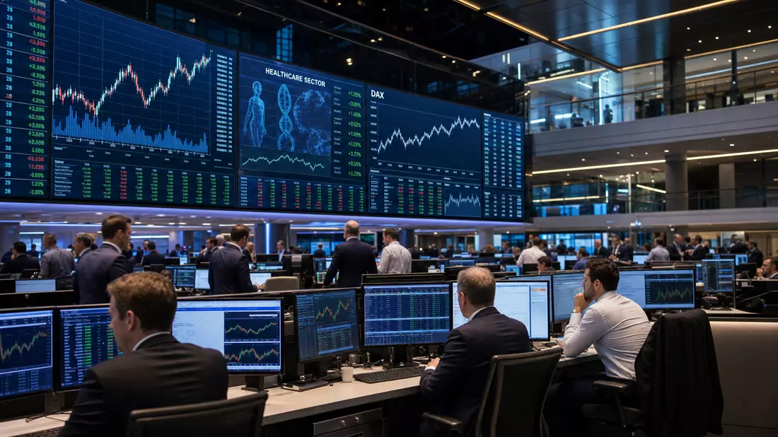 Editorial-Foto eines Trading-Floors mit Healthcare-Sektor-Charts und DAX-Anzeige